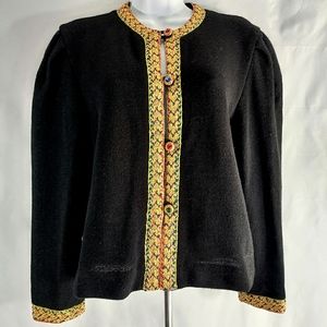 Vintage Nilani Cropped Gold Metallic Braided Trim Cardigan Sweater Black Medium